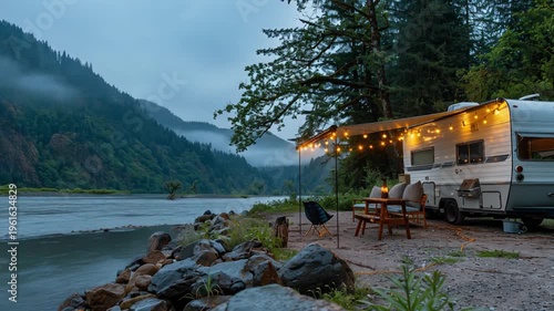 Camping rv beside river scenic landscape with trees and mountains