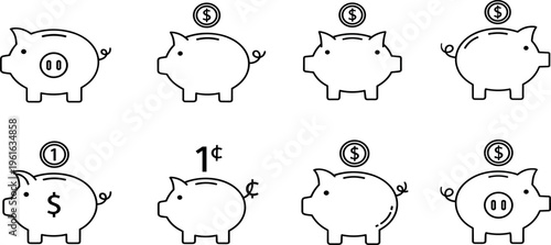 Piggy Bank Icons with Various Coins and Dollar Signs for Financial Savings, Investment, and Money Management Illustrations