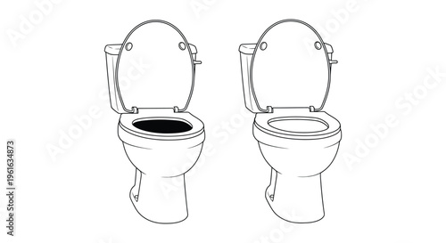 Two cartoon-style toilet bowls with open lids vector graphic illustration