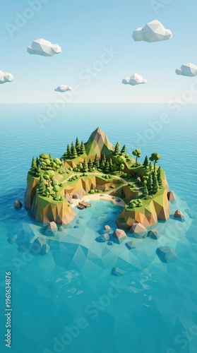 A serene and vibrant island paradise with lush greenery and crystal clear waters under a bright blue sky