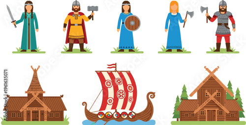 Viking characters, warriors and women with axes, shields and swords, traditional houses and longship vector illustration set representing ancient Norse culture and lifestyle