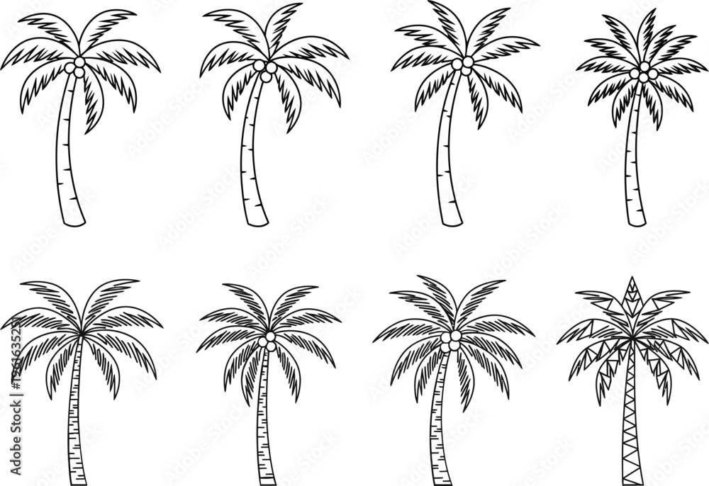 Fototapeta premium Set of hand drawn palm tree sketches in black and white with varying styles and details