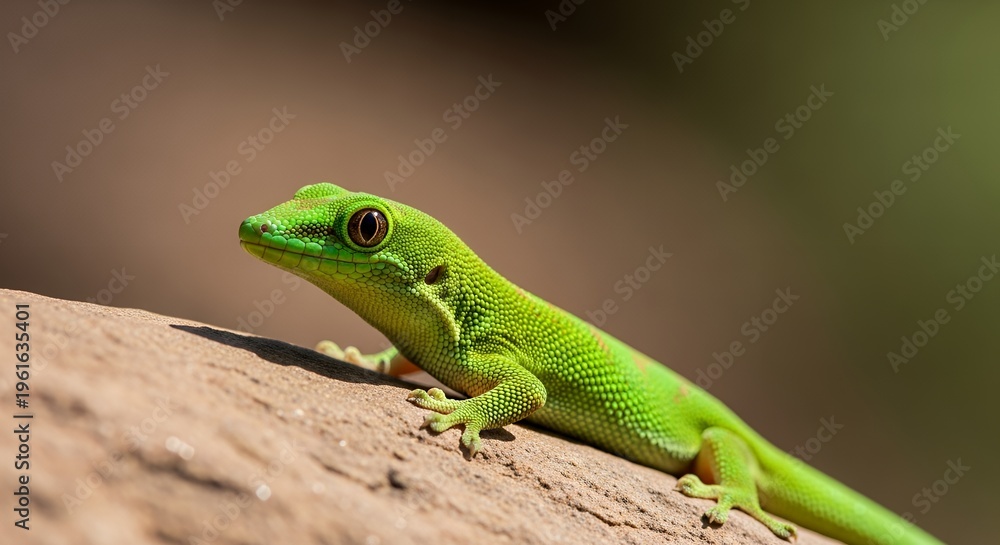 Fototapeta premium Green lizard on a rock outdoors.