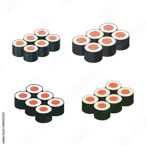 sushi roll icon collection with nori rice and salmon filling flat design vector