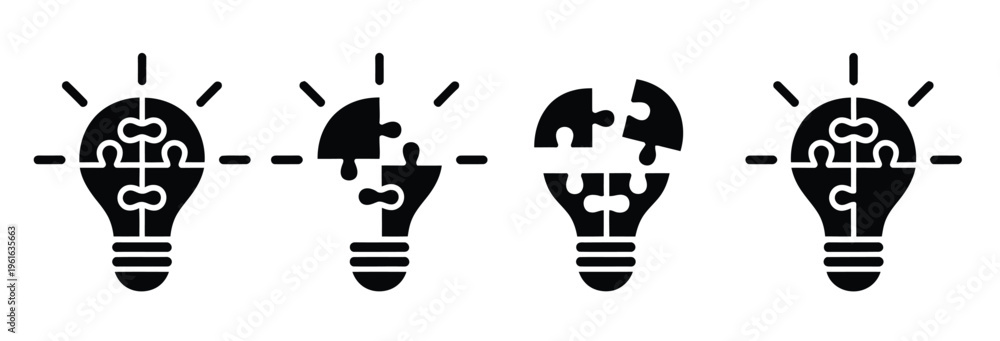 Fototapeta premium Idea, creative light bulb icon formed by puzzle pieces representing problem solving, innovation, brainstorming, strategy concepts, and business solutions in clean and modern vector illustration.