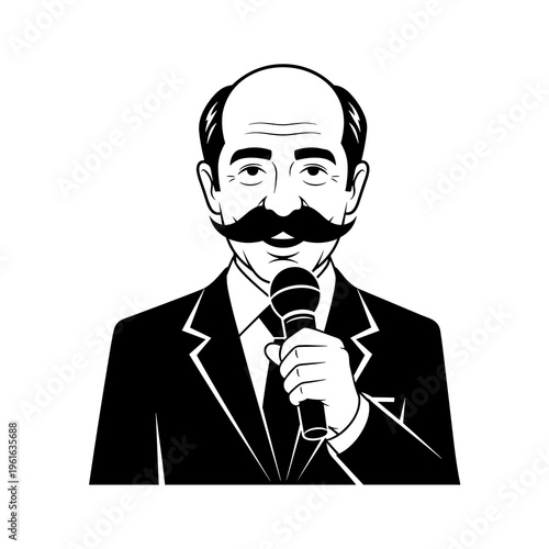 A businessman in a professional suit wearing a protective gas mask and holding a microphone conveys a toxic communication concept vector illustration