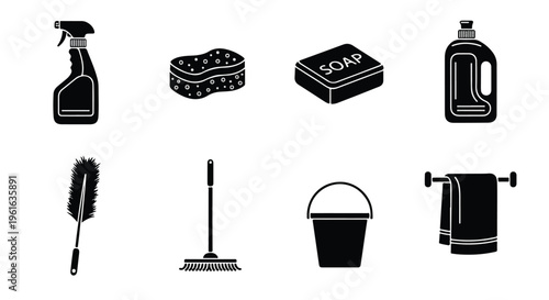 Cleaning supplies icons, cleaning tools, household items, black and white vector set