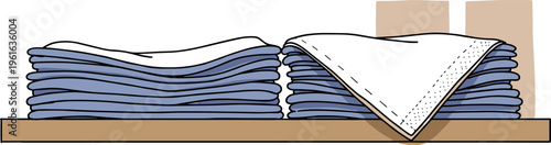 Stack of folded blue towels on a wooden shelf with a white towel draped over them in a hand-drawn style on a transparent background