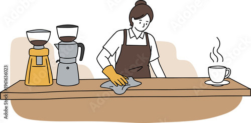 Barista cleaning the table in a café with coffee makers and a cup of steaming coffee on a wooden countertop, isolated on a transparent background.