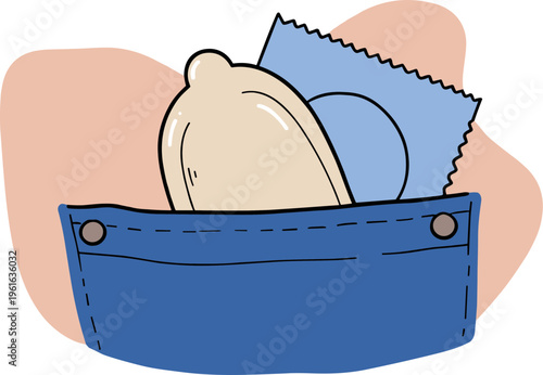 Condom and wrapper in a denim pocket on a soft pink background in a hand-drawn style emphasizing safe sex and personal care, isolated on a transparent background.