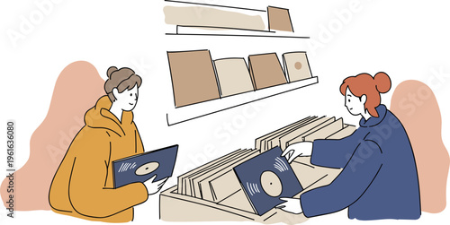 Two young adults shopping for vinyl records in a cozy indoor setting with a colorful hand-drawn style on a transparent background
