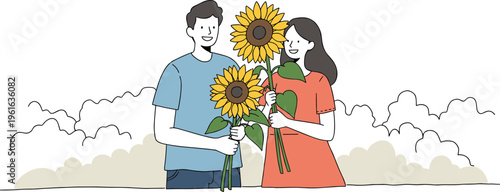 Young couple smiling and holding vibrant sunflowers against a cloudy background, cheerful and colorful hand drawn style illustration on a transparent background