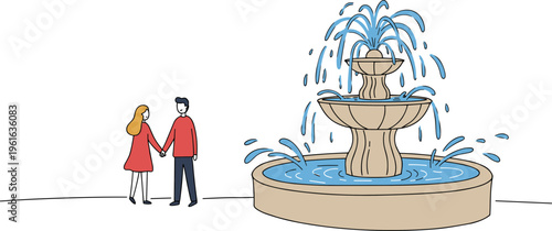 Couple holding hands by a fountain with flowing water in a hand drawn style on a transparent background