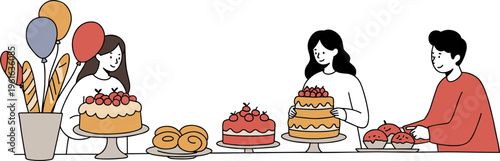 Group of people enjoying a celebration with cakes and pastries in a hand-drawn style on a transparent background