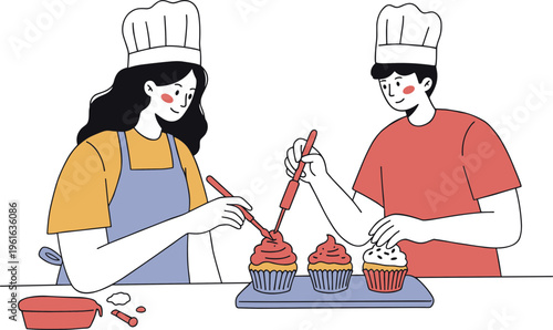 Two bakers decorating cupcakes together in a modern kitchen setting with a focus on colorful frosting in a hand drawn style on a transparent background.