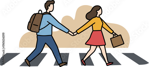 A couple walking hand in hand on a crosswalk in a modern hand drawn style on a transparent background.