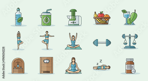 Healthy Lifestyle Icons: Yoga, Juicing, Fitness, Nutrition, Wellness