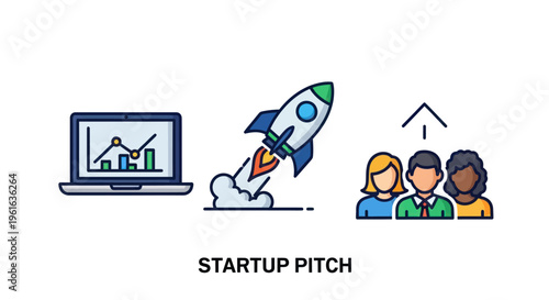 Startup pitch icons: laptop with graph, rocket launch, team with growth arrow