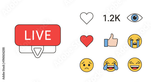 Live Streaming Icons: Red 'LIVE' Button and Social Media Engagement Symbols