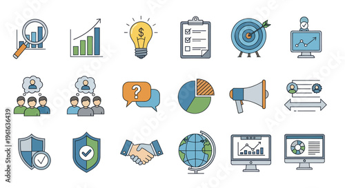 Business Icons: Analytics, Growth, Idea, Planning, Success, Teamwork, Communication, Strategy, Security