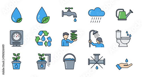 Water conservation icons, eco-friendly water saving, recycling, and usage concept