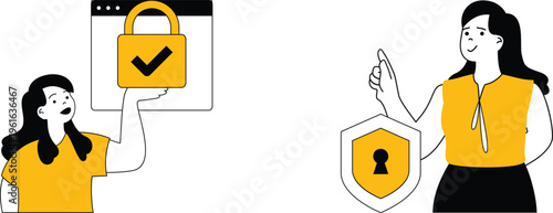 Two women demonstrating secure data protection through digital and physical symbols of trust and safety