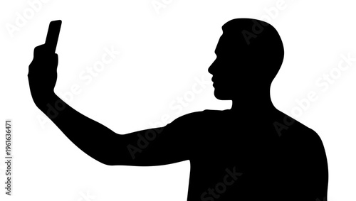 Silhouette of a man taking a selfie with a smartphone against a white background