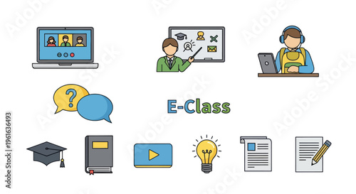 Online E-Learning Icons: Video Call, Teacher, Study, Ideas, Graduation