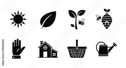 Gardening icons, eco friendly symbols, sustainable living set, black vector graphics