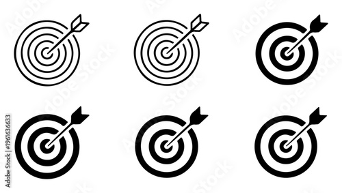Black and white illustration of six target boards with arrows hitting the bullseye