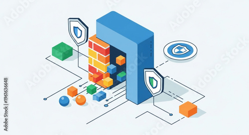 Isometric Firewall Security System Protecting Data Packets.