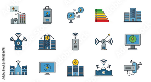 Smart City Energy Icons: Buildings, Power, Technology, Renewable Energy, IoT