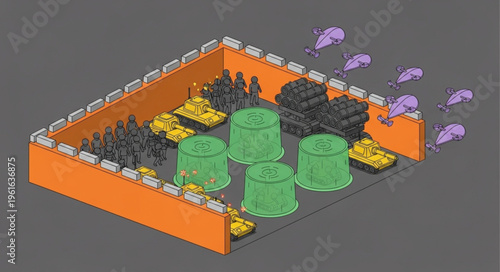 Isometric View of a Fortified Enclosure with Green Structures.