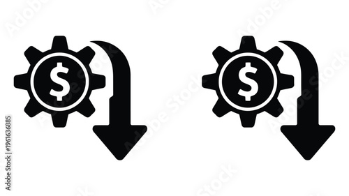Cost reduction vector graphic icons, manufacturing cost reduction sign set, collection of business efficiency and savings symbols representing budget optimization, expense cut, and production cost