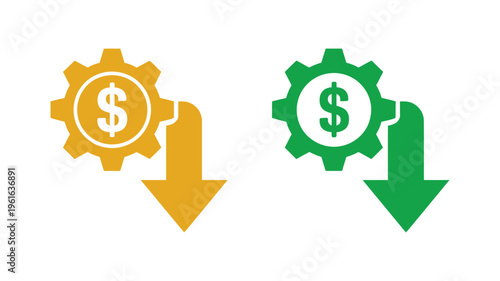 Cost reduction vector graphic icons, manufacturing cost reduction sign, modern business icons showing financial savings, efficiency improvement
