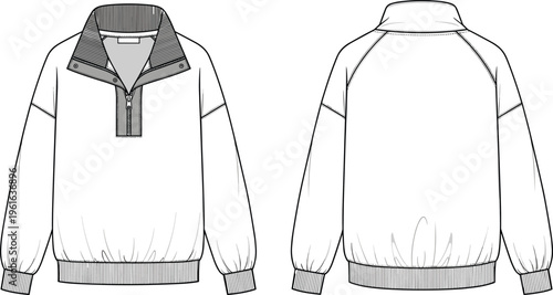 Quarter zip pullover jacket front and back technical drawing, detailed fashion flat sketch vector template for casual apparel design