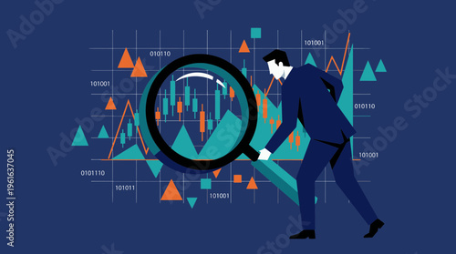 Professional financial analyst using magnifying glass to inspect stock market candlestick charts and binary data, concept for investment research, market analysis and economic forecasting