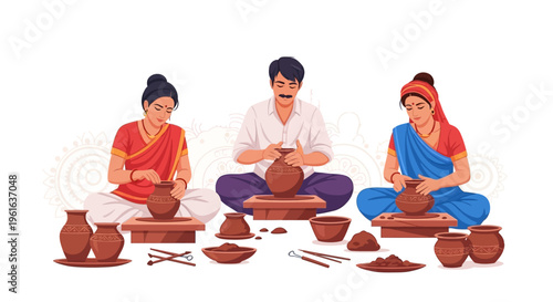 Illustration of people in traditional Rajasthani attire making pottery on wheels with various clay objects around them on a white background.