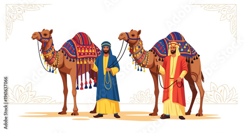 Illustration of two people in traditional Rajasthani attire standing with decorated camels on Rajasthan Foundation Day, celebrating Indian cultural diversity with folk elements.