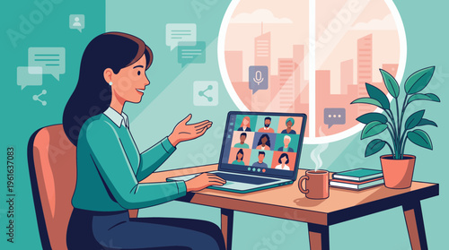 Female project manager sitting at office desk having online video meeting on laptop with diverse team, concept for remote workspace, virtual communication and digital collaboration