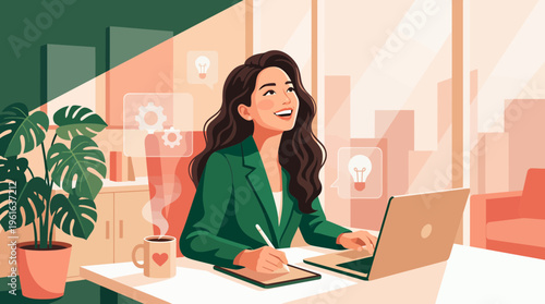Young creative director working on laptop while looking up for inspiration in modern office with floating lightbulb icons, concept for career growth, marketing and project management