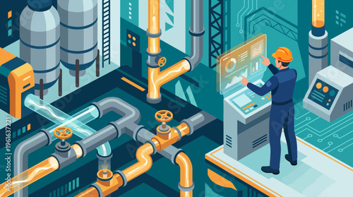 Male industrial engineer monitoring digital control panel and pipe systems in modern factory plant, concept for smart manufacturing, automation monitoring and industrial technology