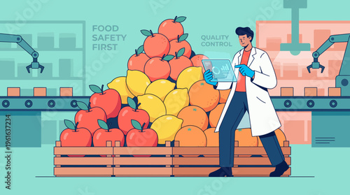 Food quality assurance inspector using digital tablet to monitor fresh fruit production in modern factory, concept for smart agricultural manufacturing, food safety standards and industrial automation