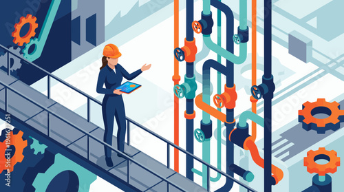 female mechanical engineer in hard hat using digital tablet to inspect industrial pipes and gears in factory, concept for manufacturing maintenance, facility management and technical inspection