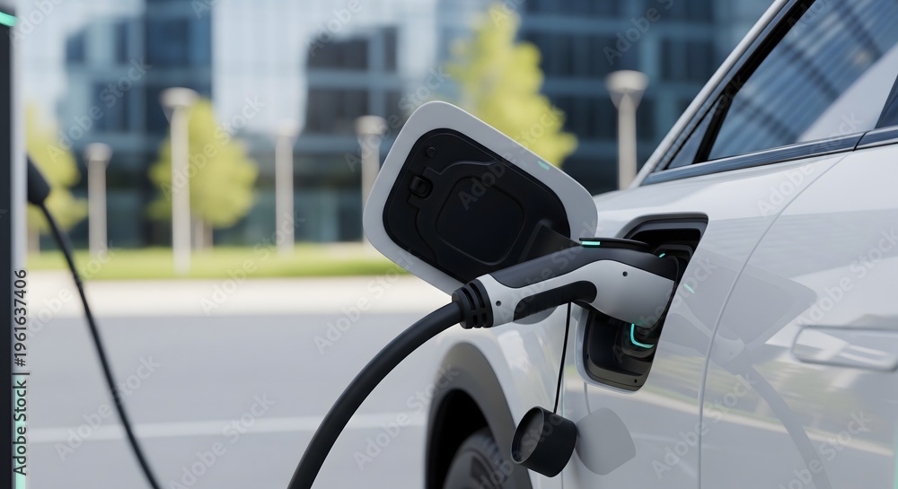 Fototapeta premium Electric vehicle charging at a public station in a city.