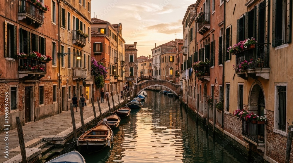 Fototapeta premium Peaceful canal lined with colorful historic buildings and moored boats at sunset, warm light reflecting gently on the water in a romantic European city