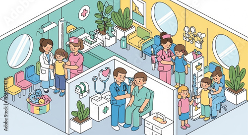 Busy Pediatric Clinic Illustration with Doctors and Patients.