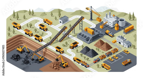 Isometric Illustration of a Coal Mining Operation with Heavy Machinery.