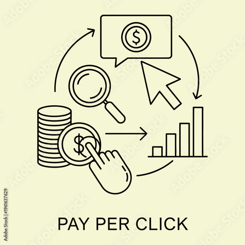 Minimal line of pay per click concept with hand cursor coins magnifying glass and graph advertising online marketing