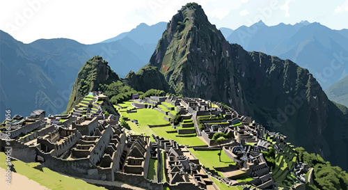 Graphic illustration of the Machu Picchu Inca ruins in Peru showing the ancient stone citadel, terraced architecture, and Huayna Picchu peak against an Andes mountain landscape.